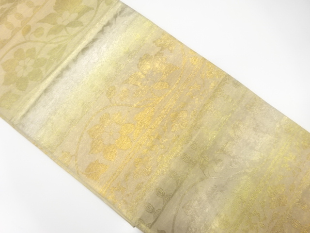 JAPANESE KIMONO / ANTIQUE FUKURO OBI / SILK / WOVEN STRIPE & FLOWER